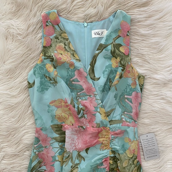 Eliza J Min Blue Pink Floral Sleeveless V-Neck Faux Wrap Front Ruffle Midi Dress - Picture 3 of 13